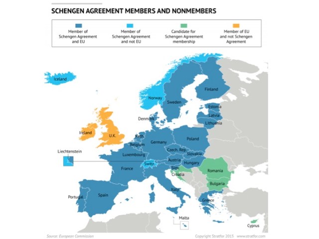 Source: Stratfor. The Schengen zone